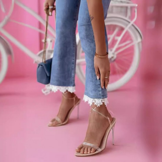 Amazon 2024 European and American cross-border high-waisted slim-fit flared jeans for women with a fresh, lace-trimmed hem