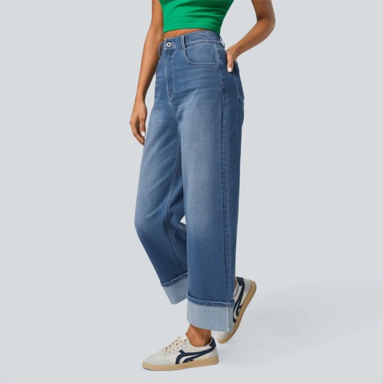 2025 Spring new European and American cross-border fashionable high-waisted straight-leg jeans with cuffed hems for women, casual wide-leg pants.
