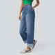 2025 Spring new European and American cross-border fashionable high-waisted straight-leg jeans with cuffed hems for women, casual wide-leg pants.