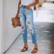 2025 summer stylish, simple European and American ripped, slim-fitting washed denim pants for women