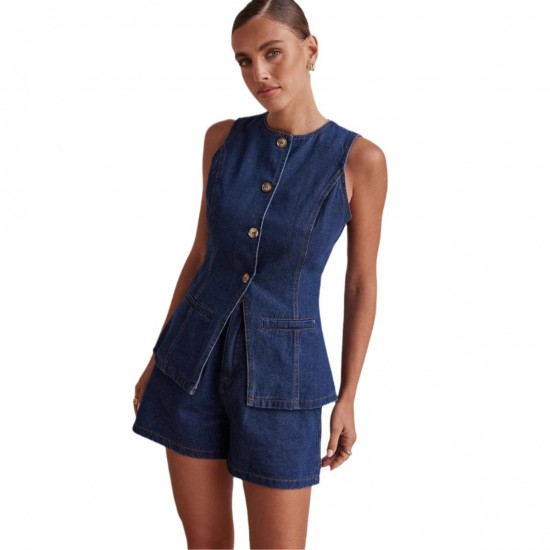2025 spring and summer new Amazon independent European and American fashion sleeveless waisted high-waisted loose denim shorts set 2025 spring and summer new Amazon independent European and American fashion sleeveless waisted high-waisted loose denim shorts set