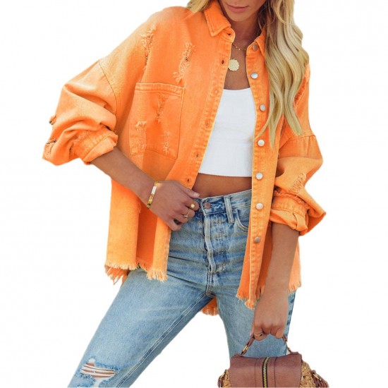 Factory direct sales of 2025 new cross-border European and American lapel, long-sleeved, retro, street style, ripped, raw-edge denim jacket for women. Factory direct sales of 2025 new cross-border European and American lapel, long-sleeved, retro, street style, ripped, raw-edge denim jacket for women.
