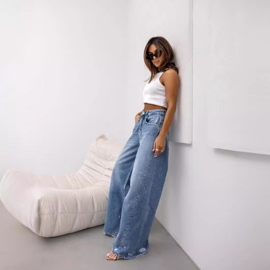 American retro straight-leg ripped jeans for women, European and American cross-border 2025 summer new wide-leg pants for foreign trade American retro straight-leg ripped jeans for women, European and American cross-border 2025 summer new wide-leg pants for foreign trade